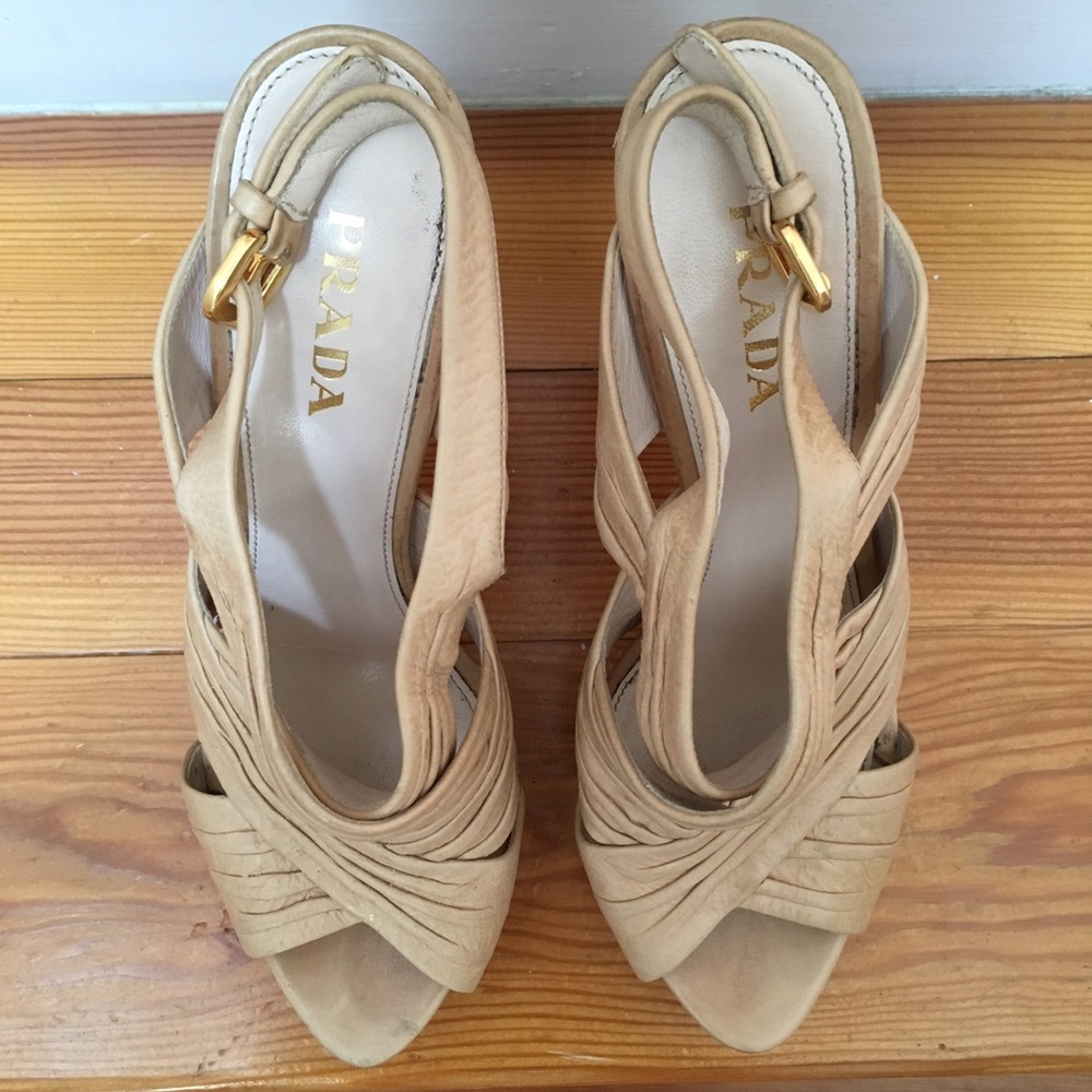 Prada Platform Heels Sandals Crisscross Ruched Slingback Nude Beige size 39.5 - Picture 3 of 16